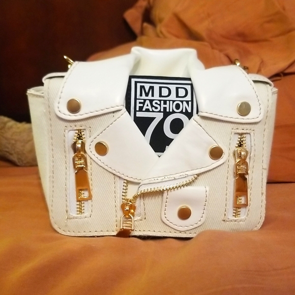 Leather & Canvas Jacket/ Biker Handbag Purse In Cream/White.small,little wear - Picture 5 of 7
